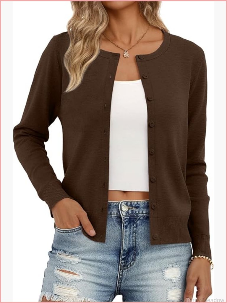 Lightweight Cardigan Sweaters For Women, Long Sleeve Button Down, Crew Neck Knit